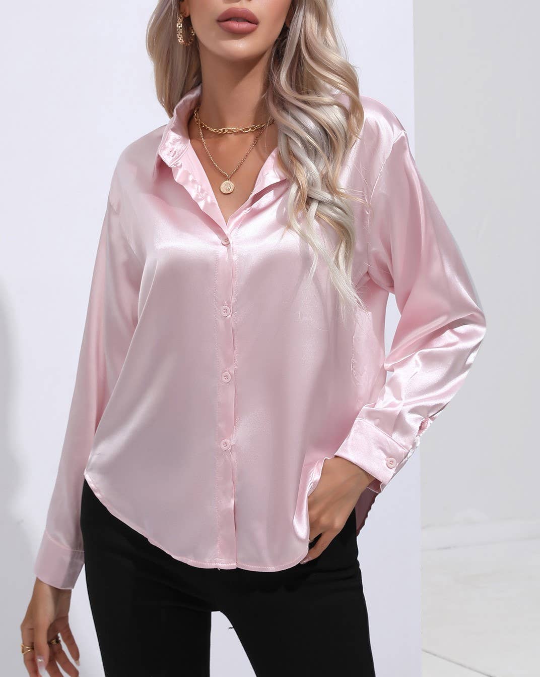 HIDDENBRAND - Wholesale Button Down Shirt - Women's - Satin Faux Silk Long-Sleeved Shirt20
