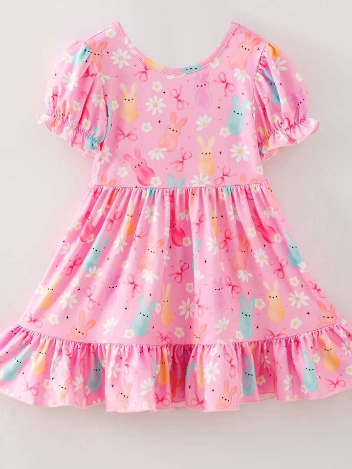 Girls Pastel Easter Bunny Print Twirl Dress for wholesale by The Hair Bow Company