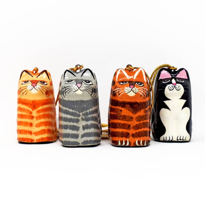 Hand painted papier mâché mixed cat hanging ornaments for wholesale by Fair to Trade Ltd