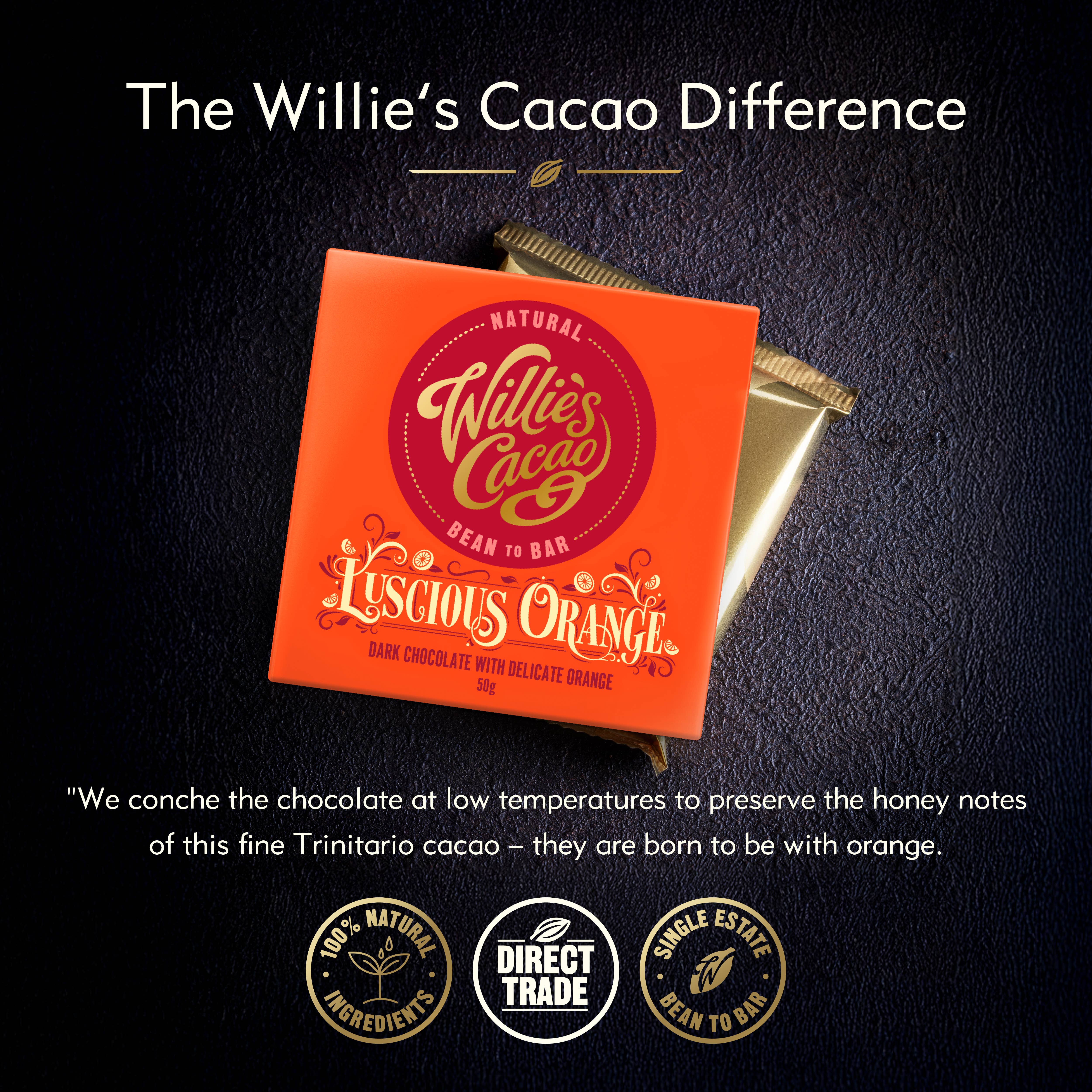 Willie's Cacao – wholesale Chocolate bar – Luscious Orange. Dark chocolate with orange. Vegan. 50g bar1