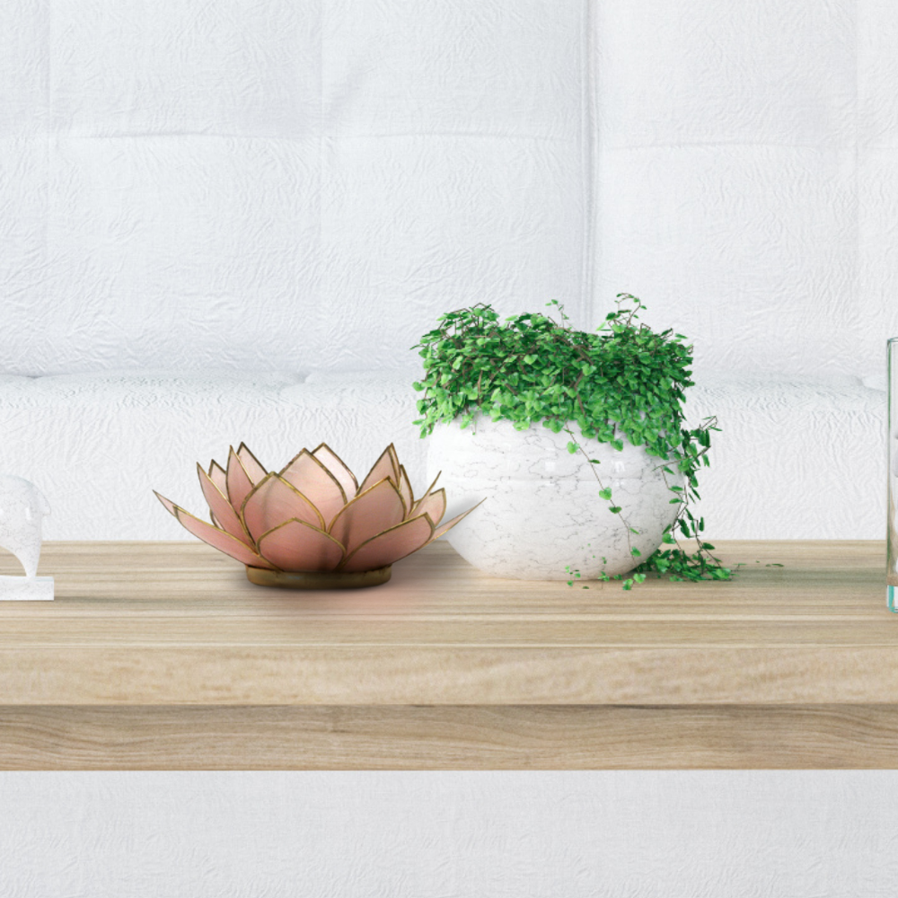 Om Gallery - Wholesale Candle Holder - Gemstone Capiz Lotus - Rose Quartz2