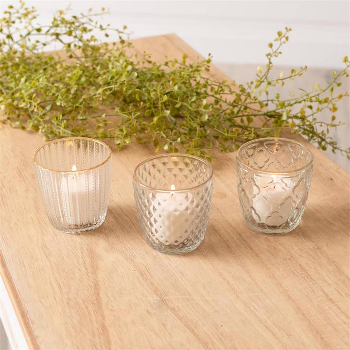 Audrey's Home & Gift – wholesale Votive candle – Glass Votive Holder with Gold Rim (PK/12 AST)1