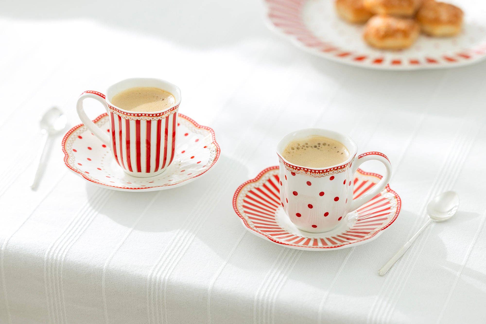 Grace Teaware - Wholesale Coffee/Tea Cup - Red Josephine Stripes and Dots 2oz Espresso Cups and Saucers1