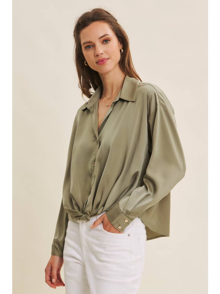 in february - Wholesale Button Down Shirt - Women's - BUTTON-DOWN KNOTTED SATIN SHIRT WITH LAPEL COLLAR