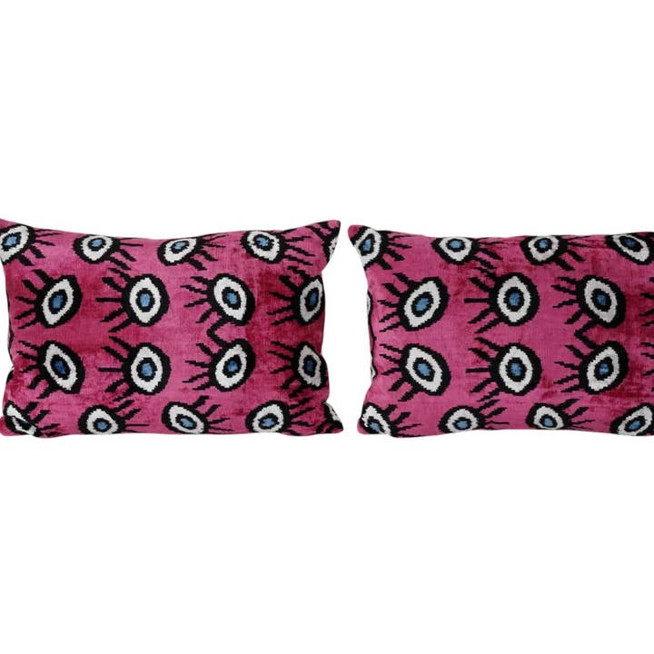 Pink Ikat Velvet Pillow Cover Set of 2, Nazar Eye Pattern for wholesale by Vintage Pillows Store