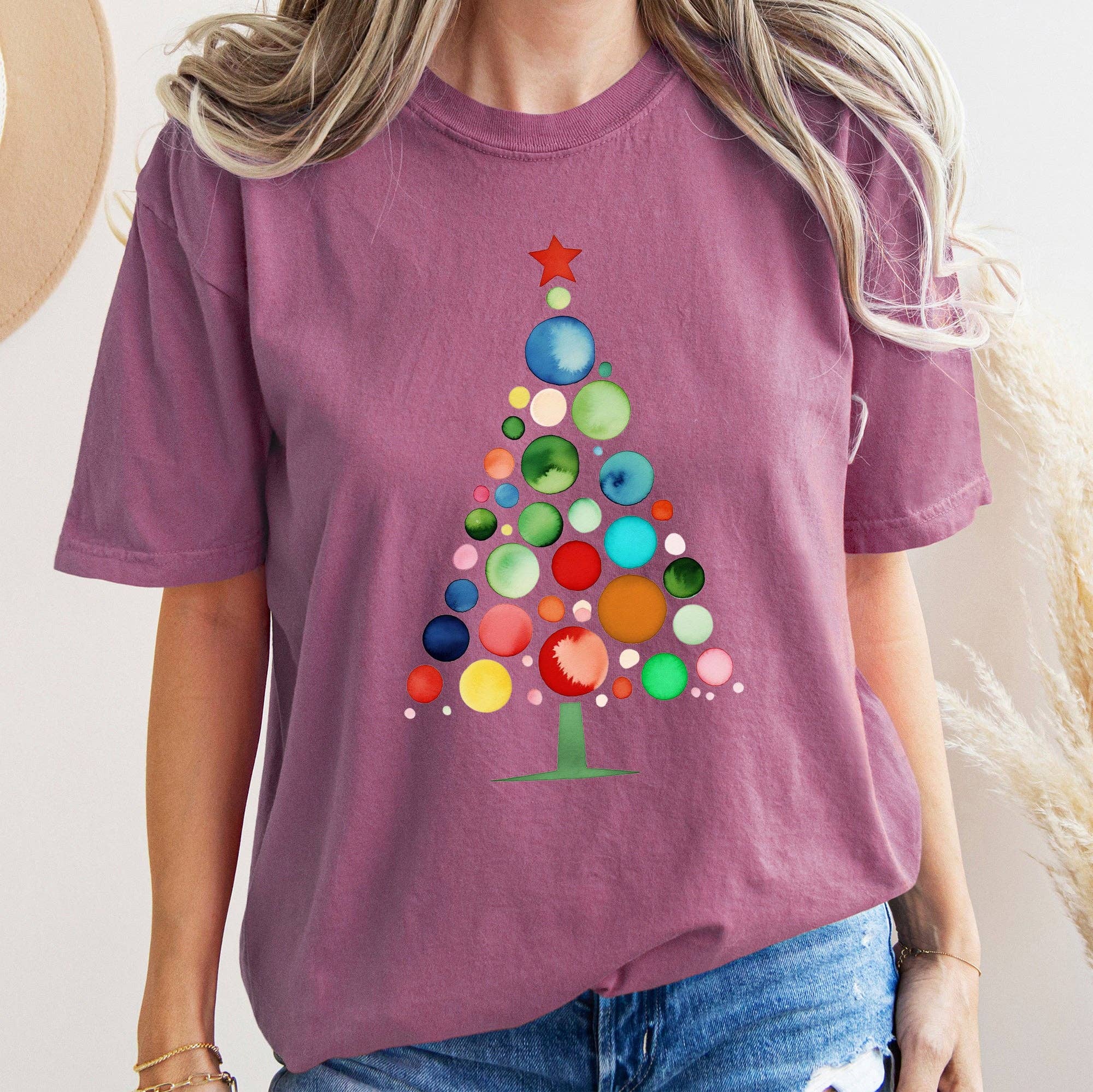 Refinery Number One LLC - Wholesale T-Shirt (Graphic) - Women's - Watercolor Decorations Christmas Tree, Retro, Vintage, Tee6