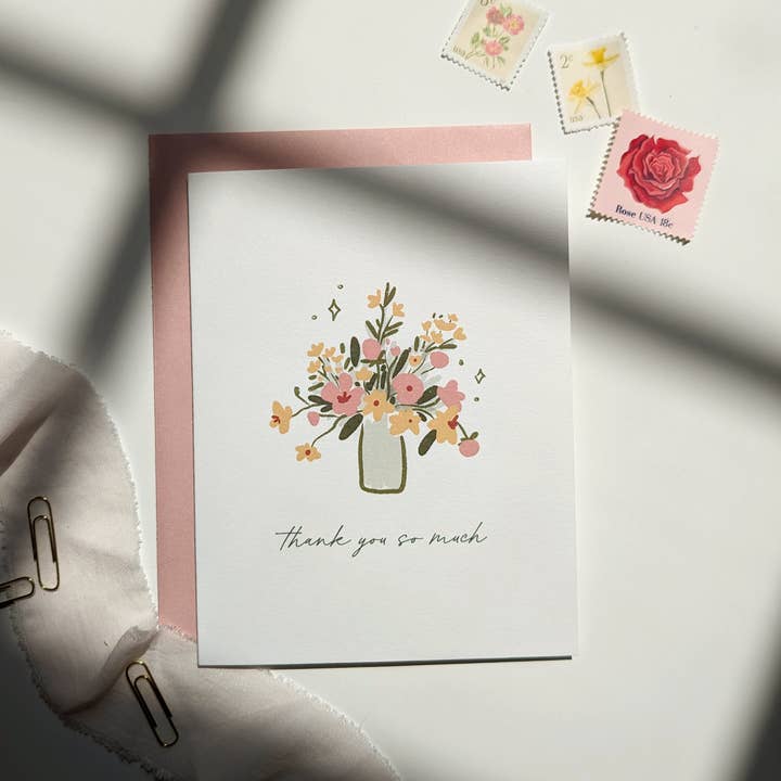 Pink Floral Bouquet Thank You Card for wholesale by Elizabeth Kirsteatter