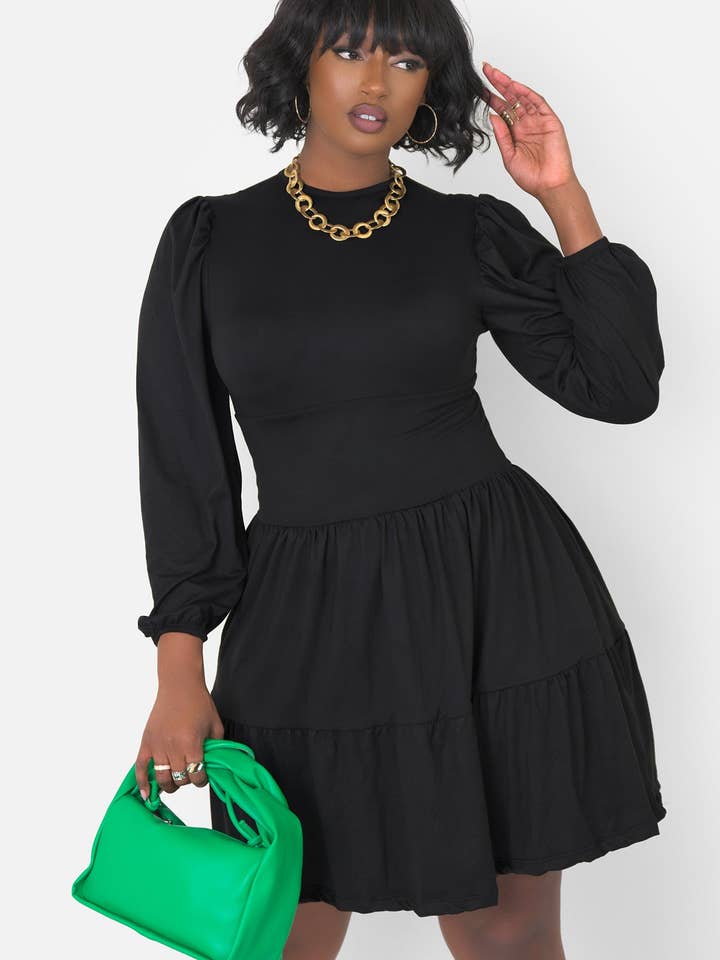 Black Time & Time Again Oversized Sleeve Skater Mini Dress for wholesale on Faire3