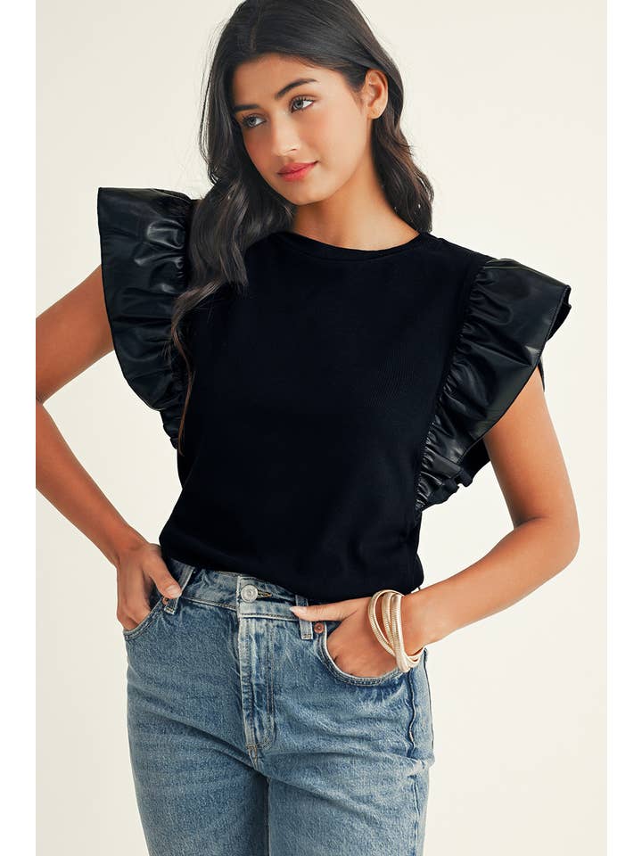 Little Daisy Closet - Wholesale Blouse - Women's - LDC Leather Ruffle Shoulder Plain Blouse