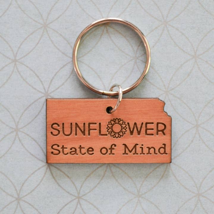 Sunflower State Kansas Love Wood Keychain - Great Gift for wholesale by The Brassy Explorer