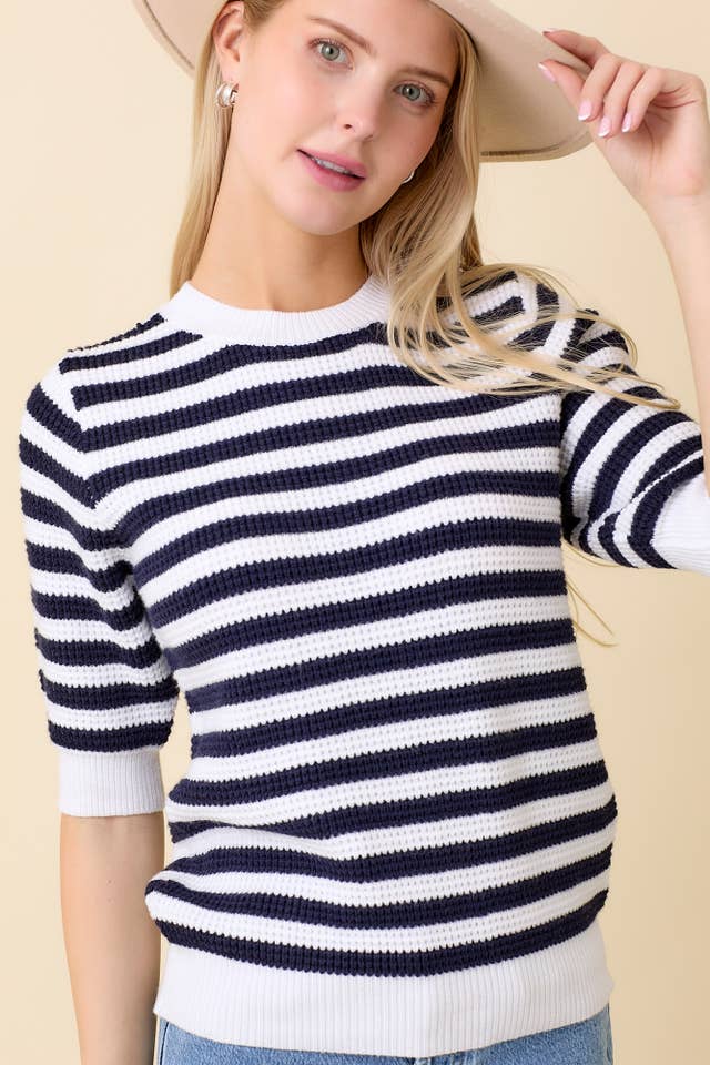 Main Strip - Wholesale Knit Sweater - Women's - Classic Stripe Half Sleeve Knit Top