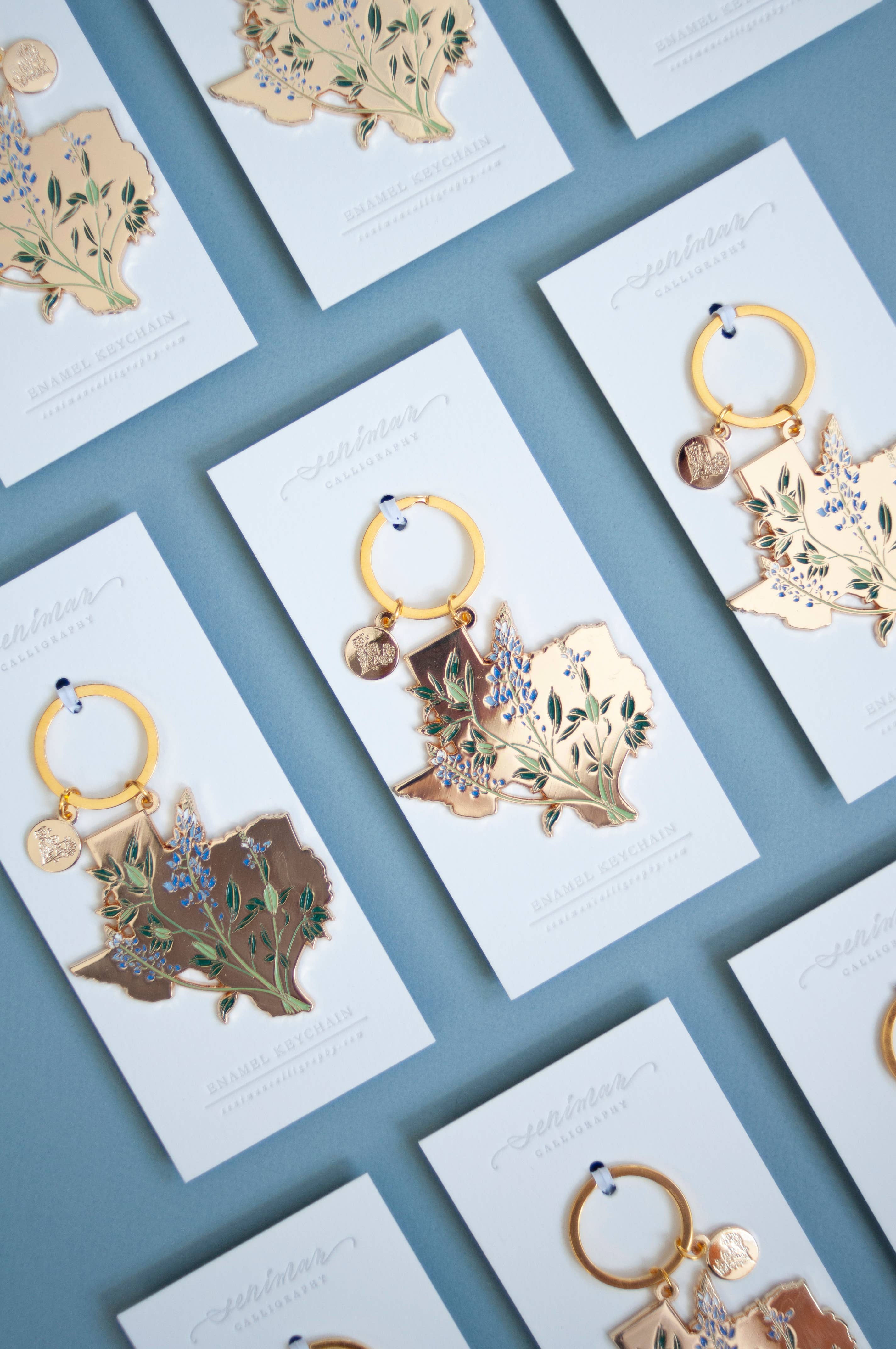 Seniman Calligraphy - Wholesale Keychain - Women's - Gold Texas Bluebonnet Soft Enamel Keychain3