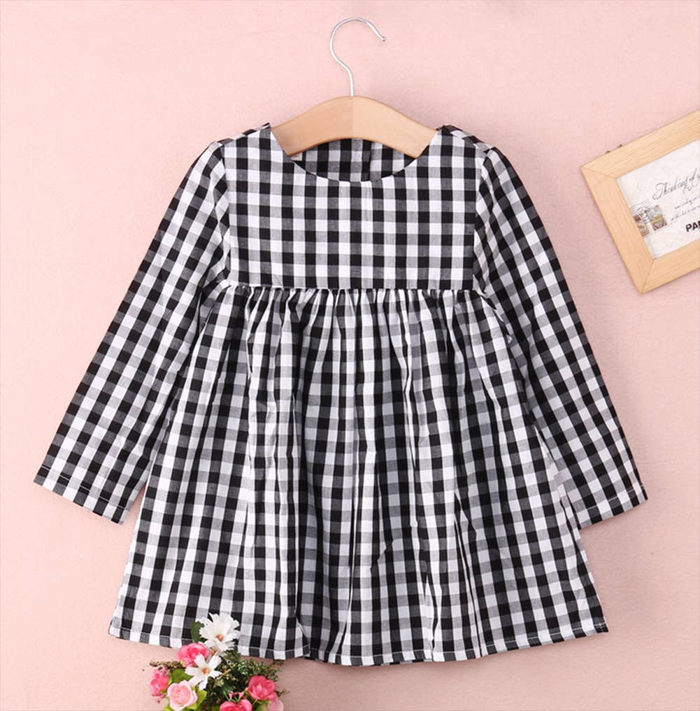 Fennco Styles – Vestido - Crianças por atacado – Vestido de Menina Preto & Branco Gingham Algodão1