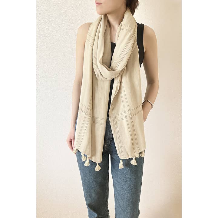 Lenço de Algodão Tingido com Padrão Xadrez Marfim e Franjas por atacado de Fennco Styles