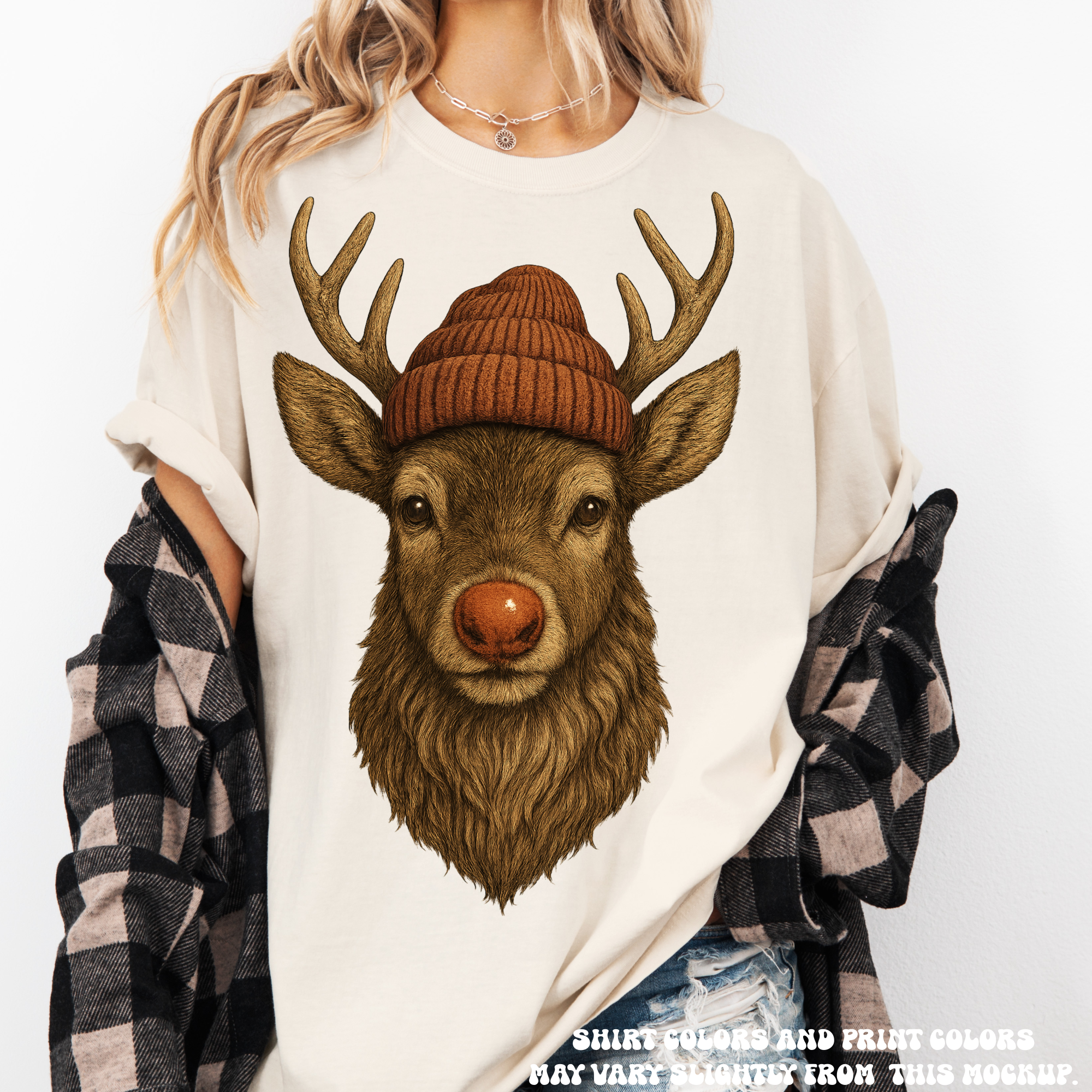 Madi Moosh - Wholesale T-Shirt (Graphic) - Women's - Rudolph  Wearing A Beanie Christmas Shirt - Comfort Colors2