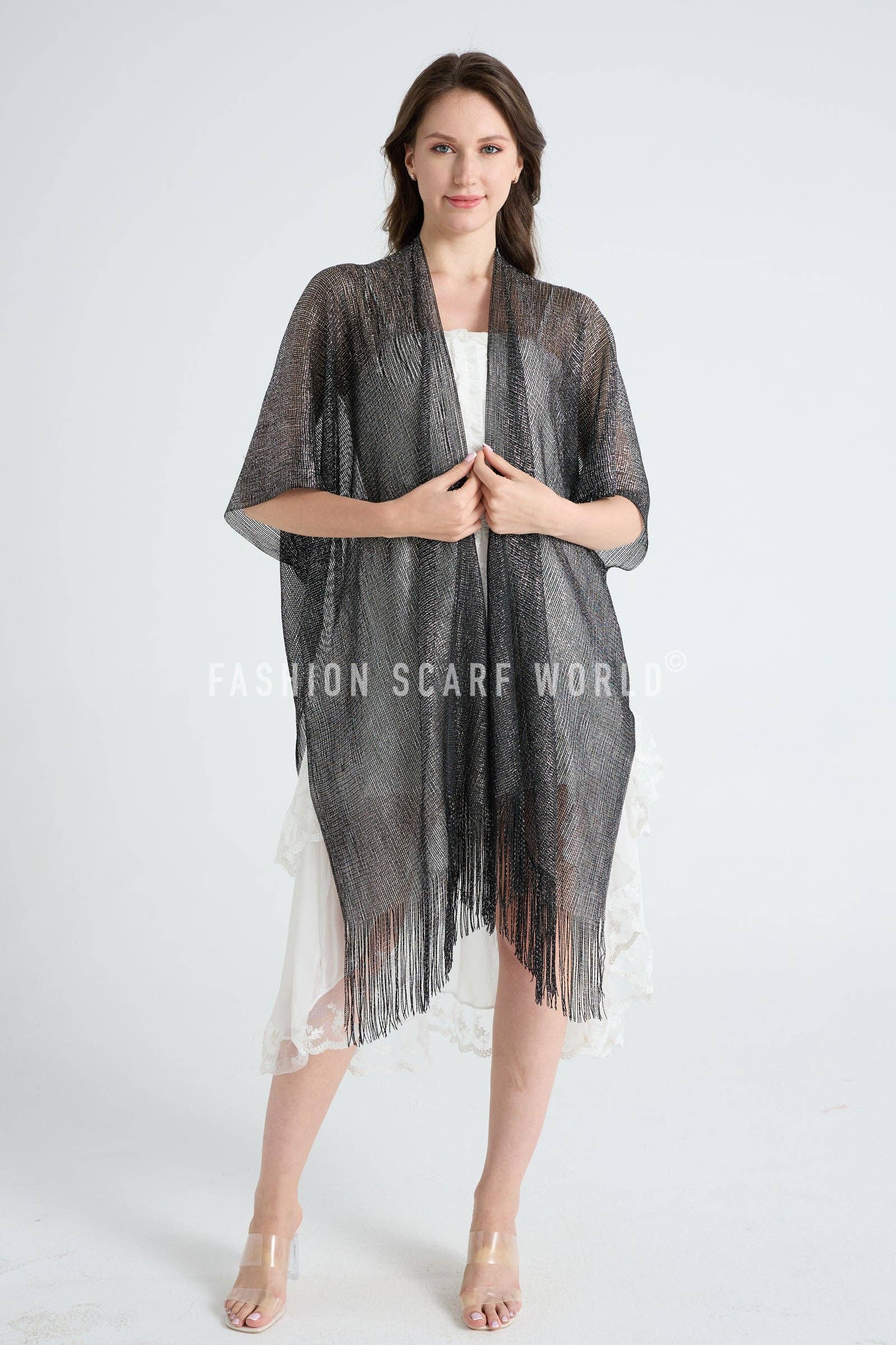 Fashion Scarf World – wholesale Swim cover-up – Women’s – Metallic Thread Tassel Edge Kimono / Coverup8