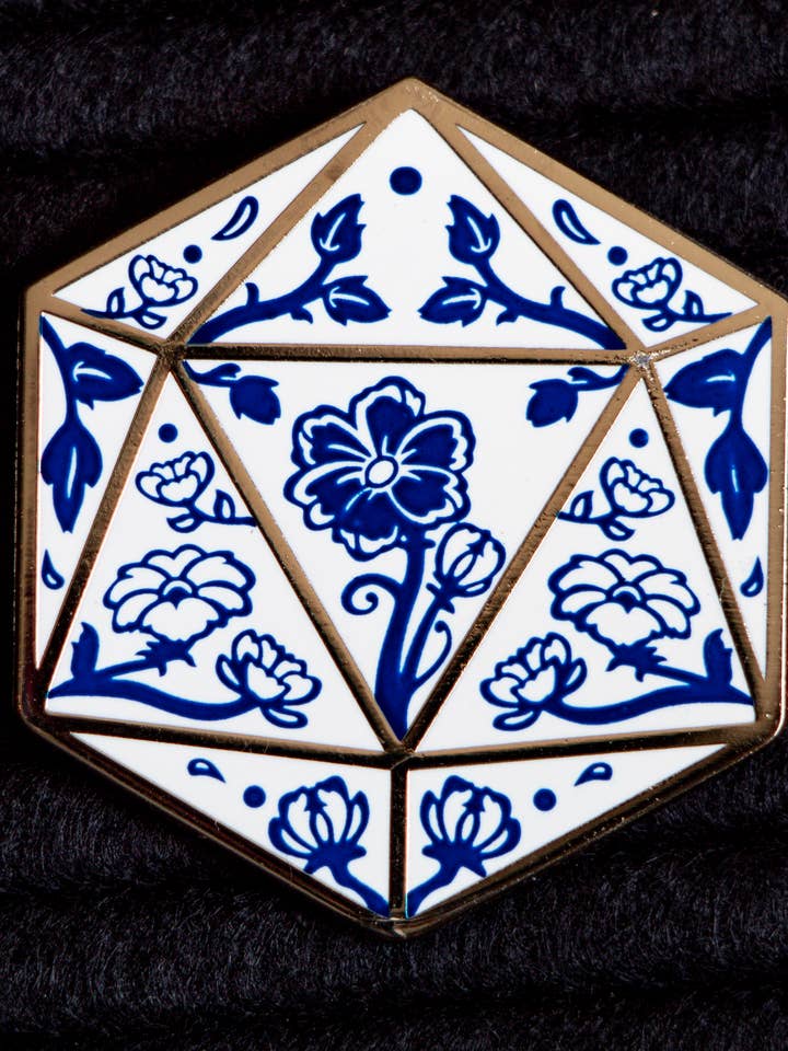D20 Delft Porcelain Enamel Pin for wholesale by Color Spray Creations
