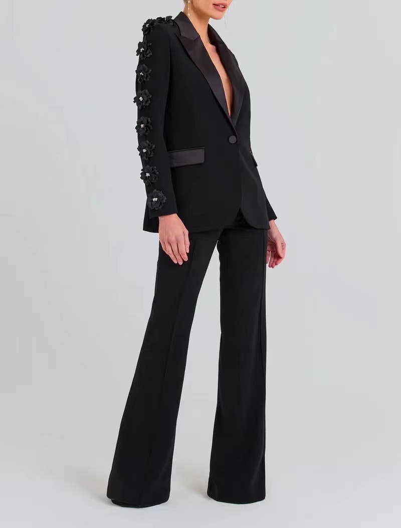 Black SET6-21 Elegant Floral Ruffle Blazer & Flare Pant Suit for wholesale on Faire1