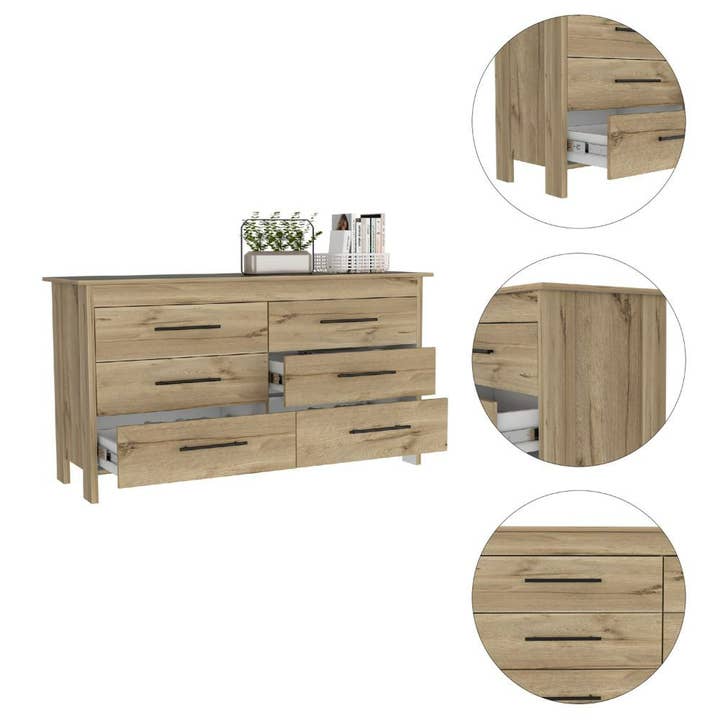 Treevol Furniture - Wholesale Bedroom Furniture - Wezz 6 Drawer Double Dresser, Superior Top, Light Oak Finish