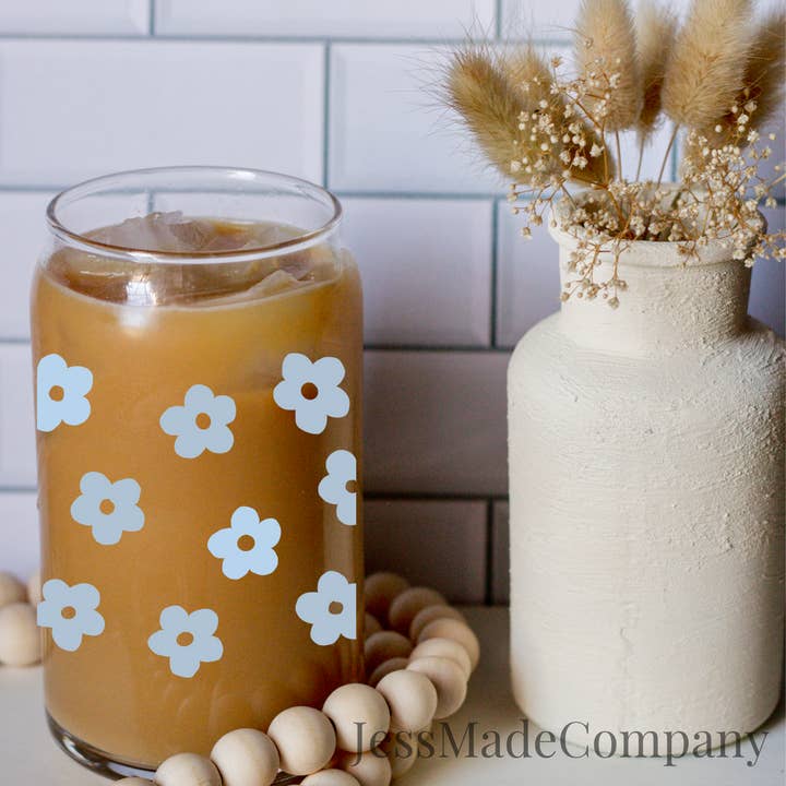 Blue Retro Daisy Beer Can Glass for wholesale by jessmadecompany