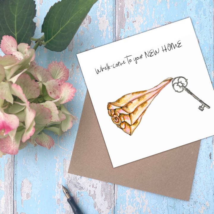 'Whelk-come to your new home' Lightning Whelk sea shell card for wholesale by Utterly Conkers