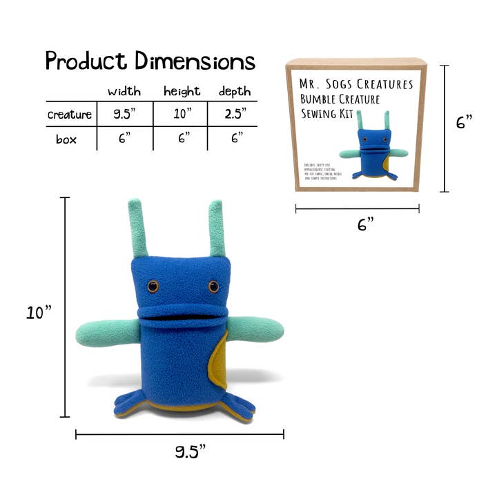 Mr. Sogs – wholesale DIY craft kit – Bumble Creature DIY Plush Sewing Kit - Blue1