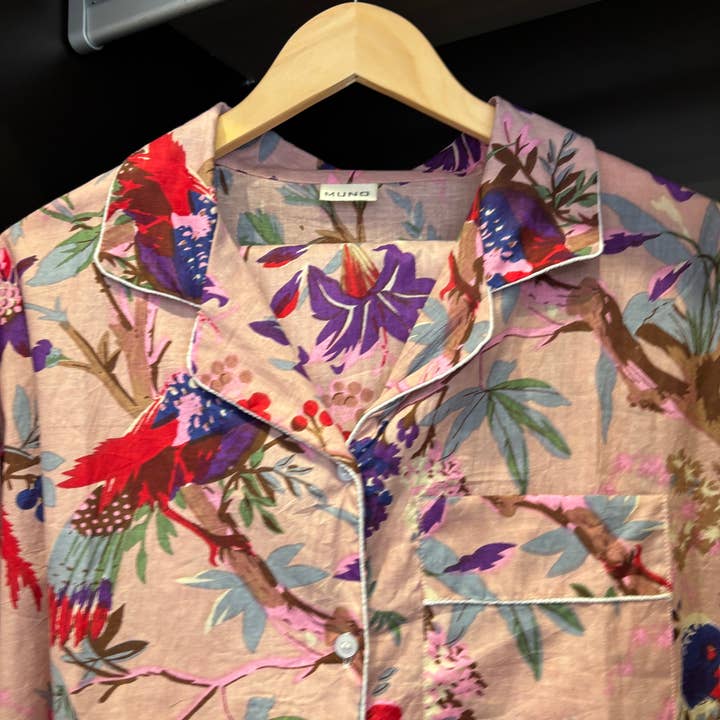 Muno - Wholesale Sleepwear Set - Women's - Light Pink Flowers and Birds Indian Cotton Pyjama Set