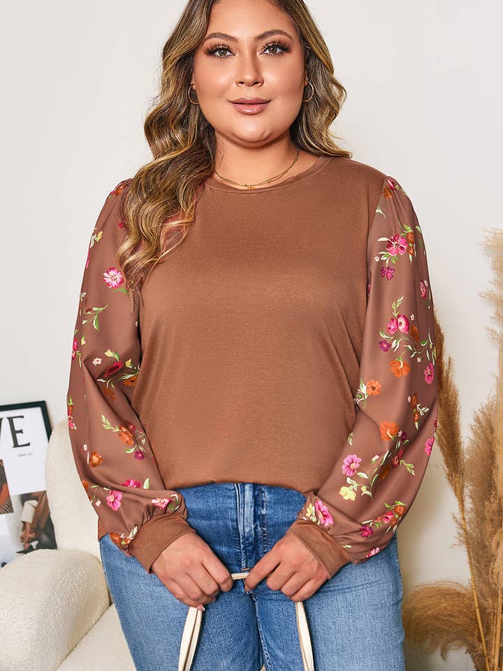Brown Floral Sleeve Patchwork Round Neck Plus Blouse and other Purchase Wholesale plus size fall tops. Free Returns & Net 60 Terms on Faire trending on Faire.