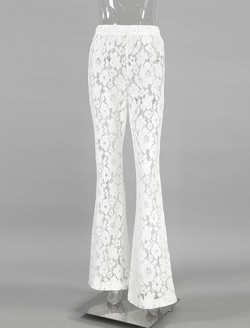 WHITE Sheer Floral Lace High-Waisted Pants for wholesale on Faire0