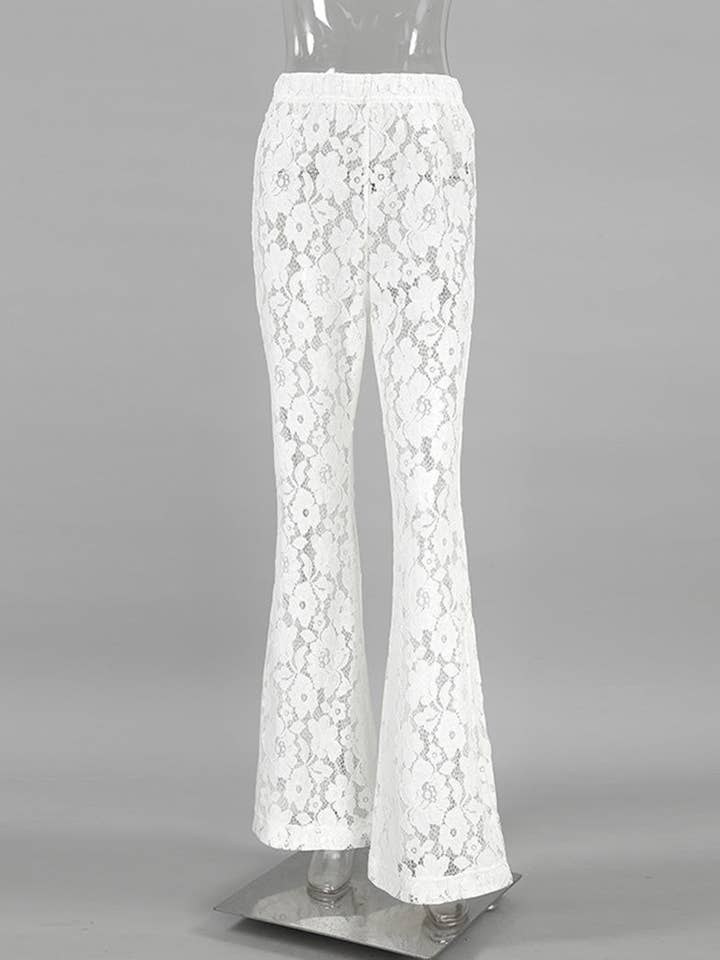 WHITE Sheer Floral Lace High-Waisted Pants for wholesale on Faire