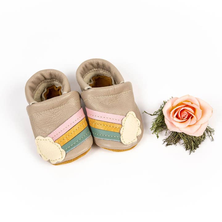 Rainbow on Beige Leather Shoes Moccs Baby and Toddler for wholesale by Starry Knight Design