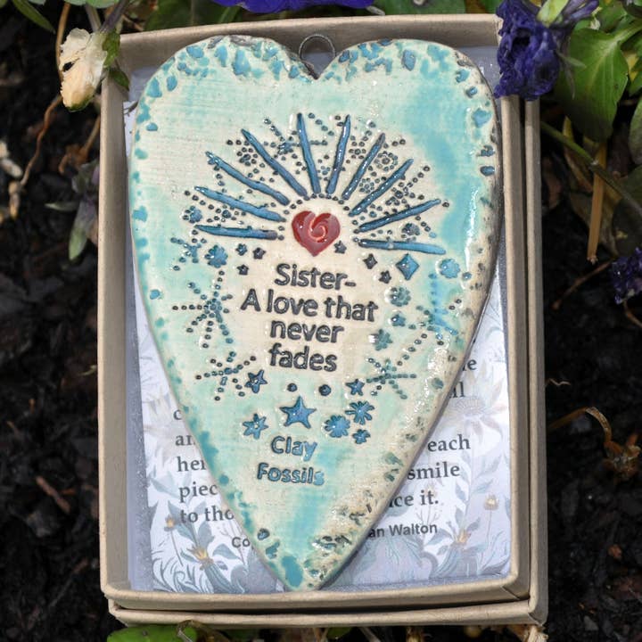 Sister love, pottery ornament, keepsake, year round for wholesale by Clay Fossils