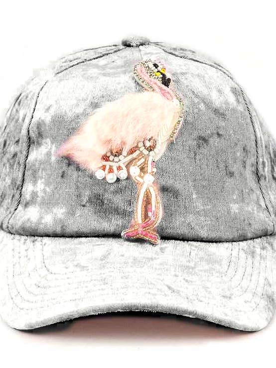 Fur & Beaded Flamingo Distressed Velour Fashion Cap for wholesale by Artini Accessories