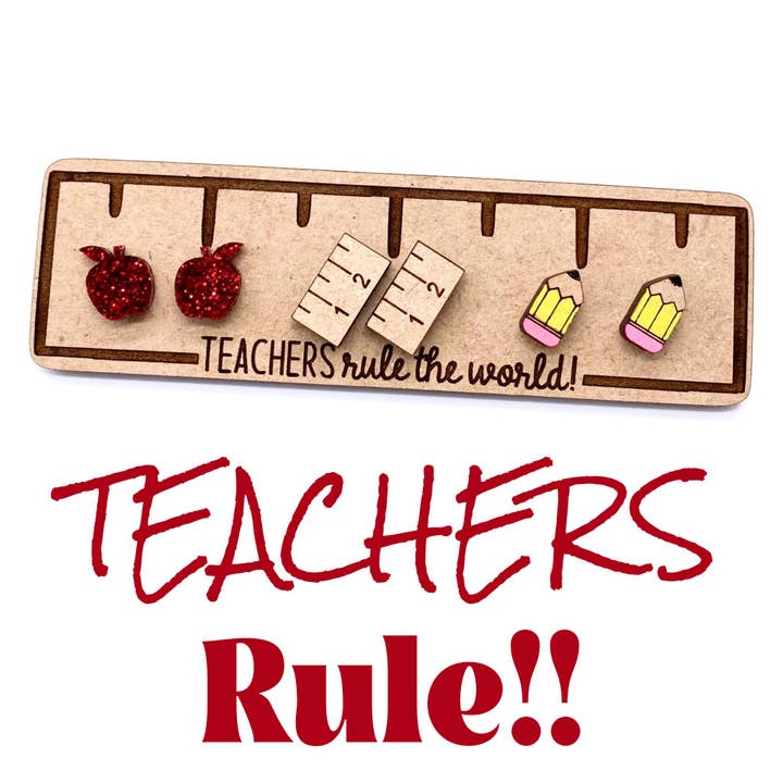 Doohickies - Wholesale Jewelry Set - Teachers Rule the World: Apple/Ruler/#2 Pencil - Back to School Teacher Earrings