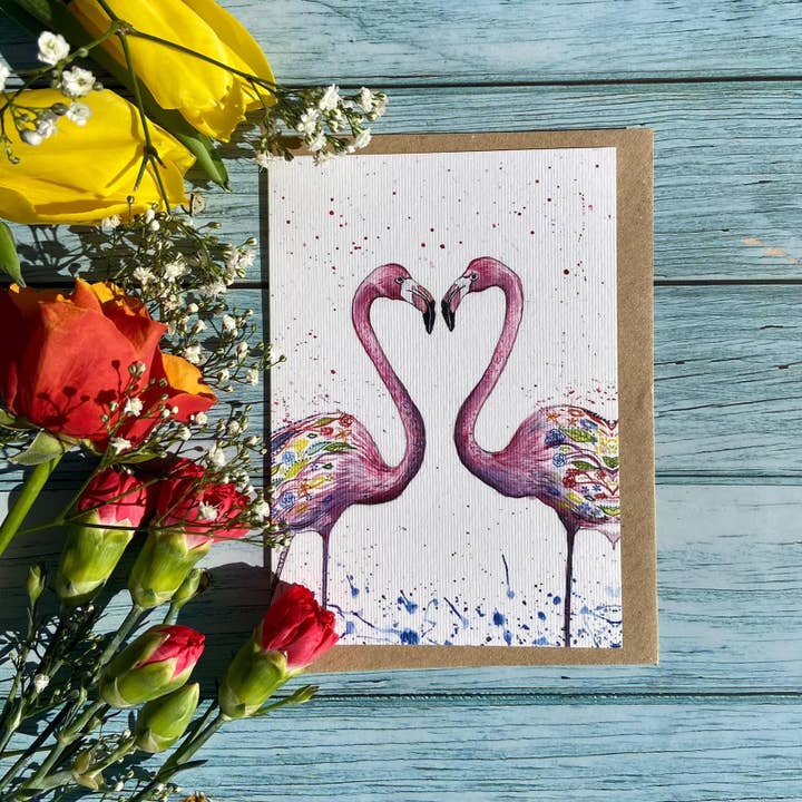 Flamant rose | Carte écologique Salutations colorées Amour vierge pour la vente par Jen Winnett Eco Artist