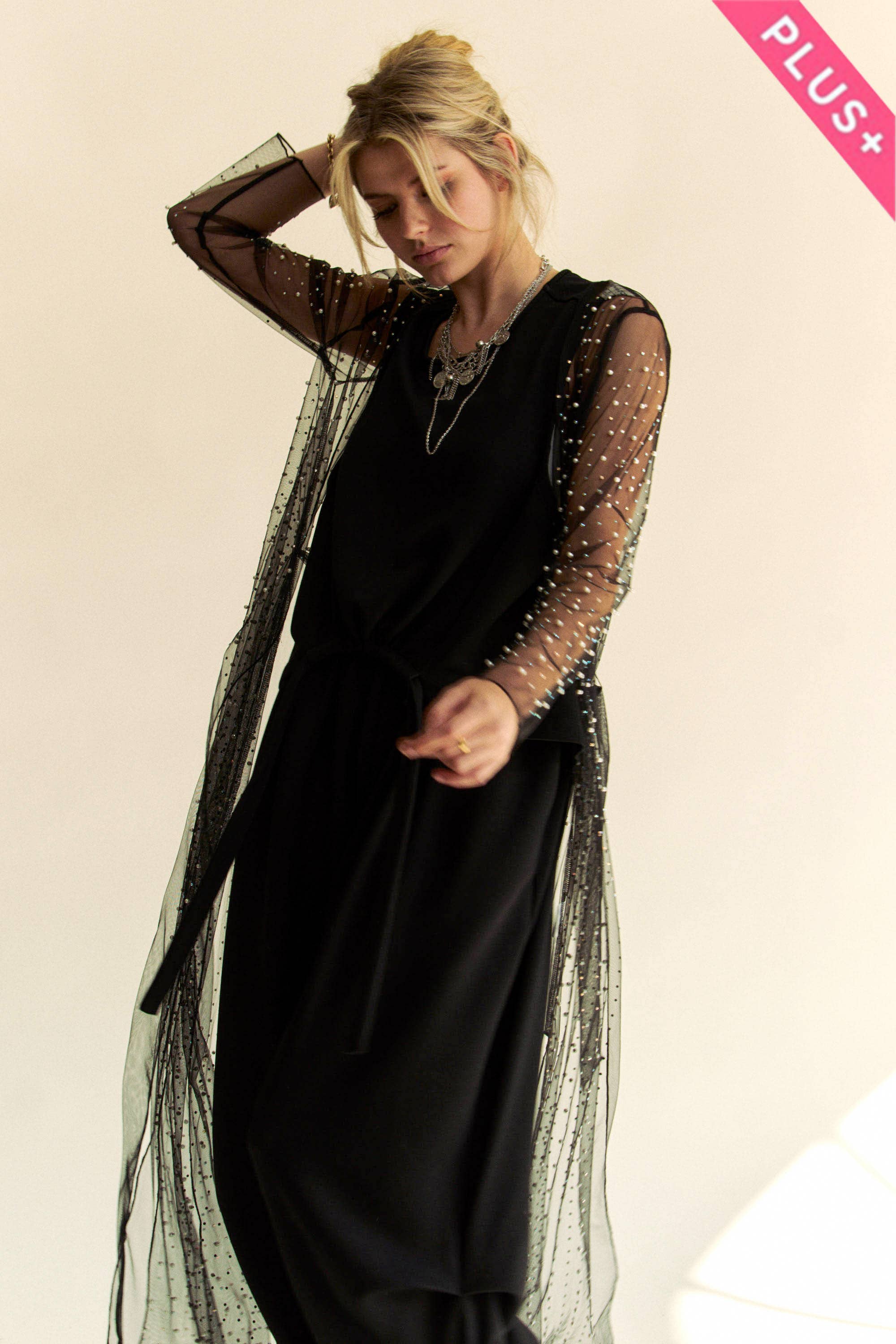 Davi & Dani – Großhandel Strickjacke – Damen – PLUS-Strickjacke mit Mesh, Perlen, Strass und offenem Vorderteil zum Binden16