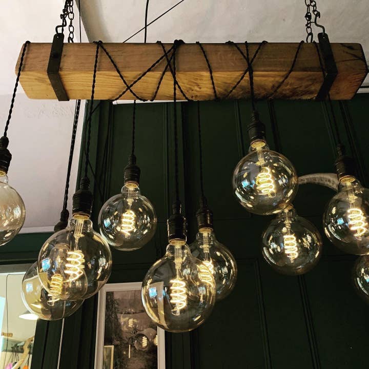 MooBoo Home – wholesale Chandelier/hanging light – Rustic Oak Beam Chandelier with Wrapped Cables and Steel Brackets5