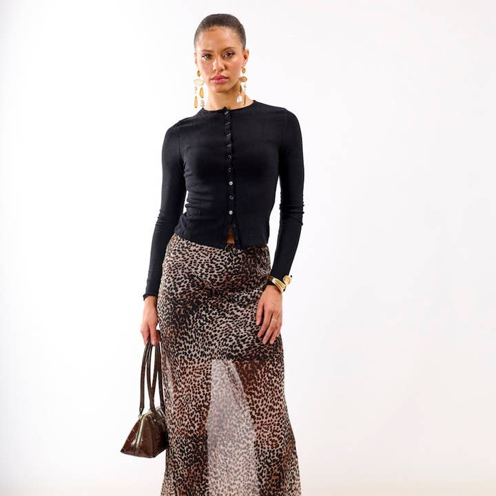 Saia Maxi de Chiffon com Estampa de Leopardo por atacado de Needs No Label