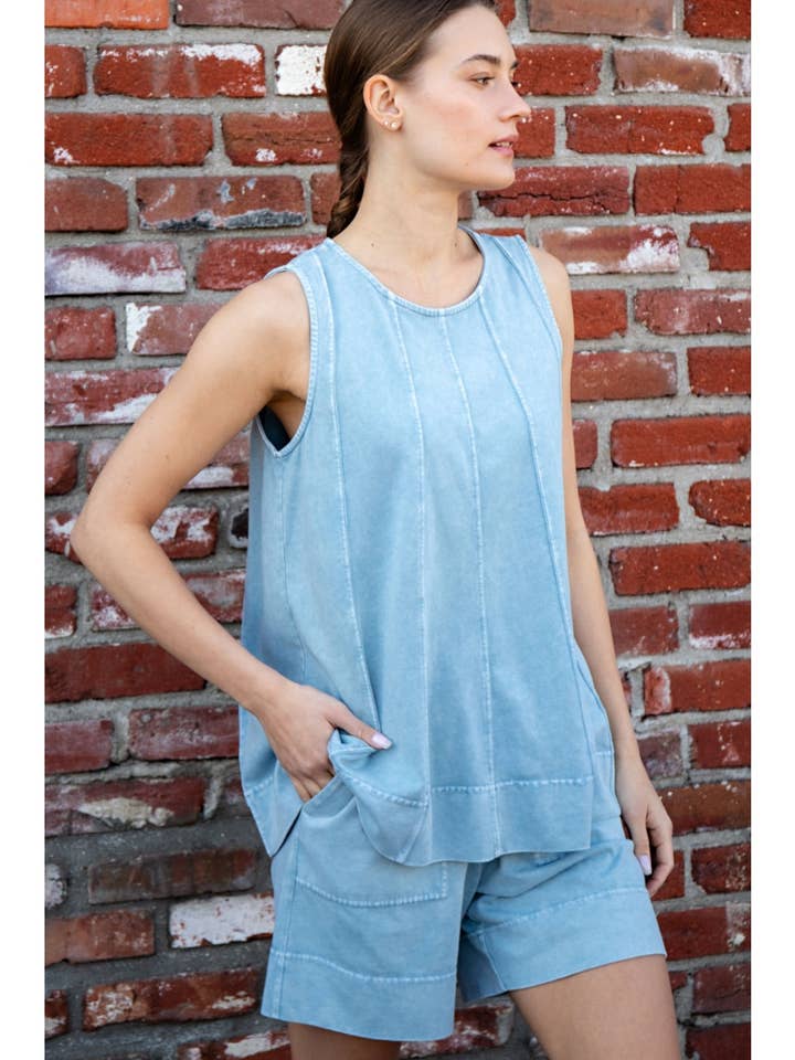MINERAL WASHED SLEEVELESS LONGLINE TOP for wholesale by Rae Mode