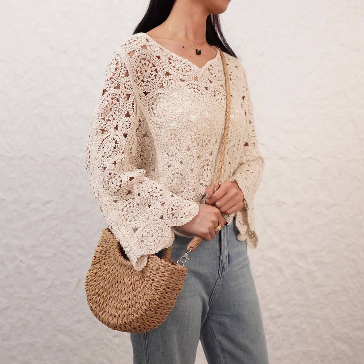 ACCITY - Wholesale Beach Bag - SOLID COLOR SEMI-CIRCLE HANDMADE STRAW BAG_CWAB46968