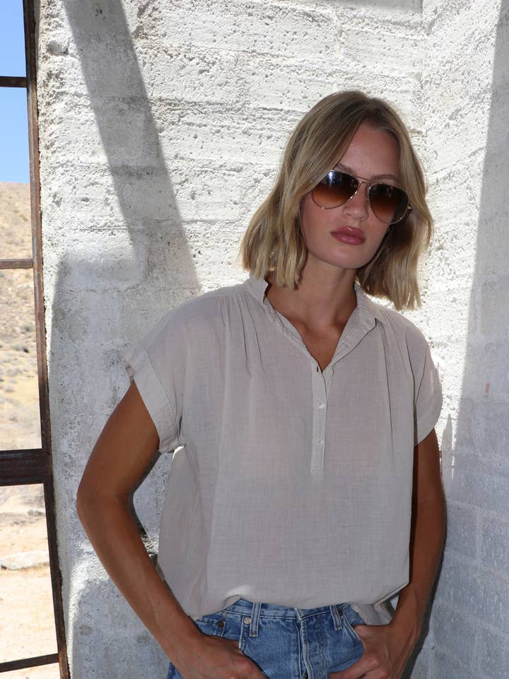 S/S Henley Cotton Voile - Tan for wholesale by Felicite Apparel