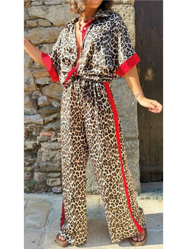 Rosa Clothing - Wholesale Lounge Set - Women's - Leopard Print Contrast Trim Shirt Top Pants Lounge Set