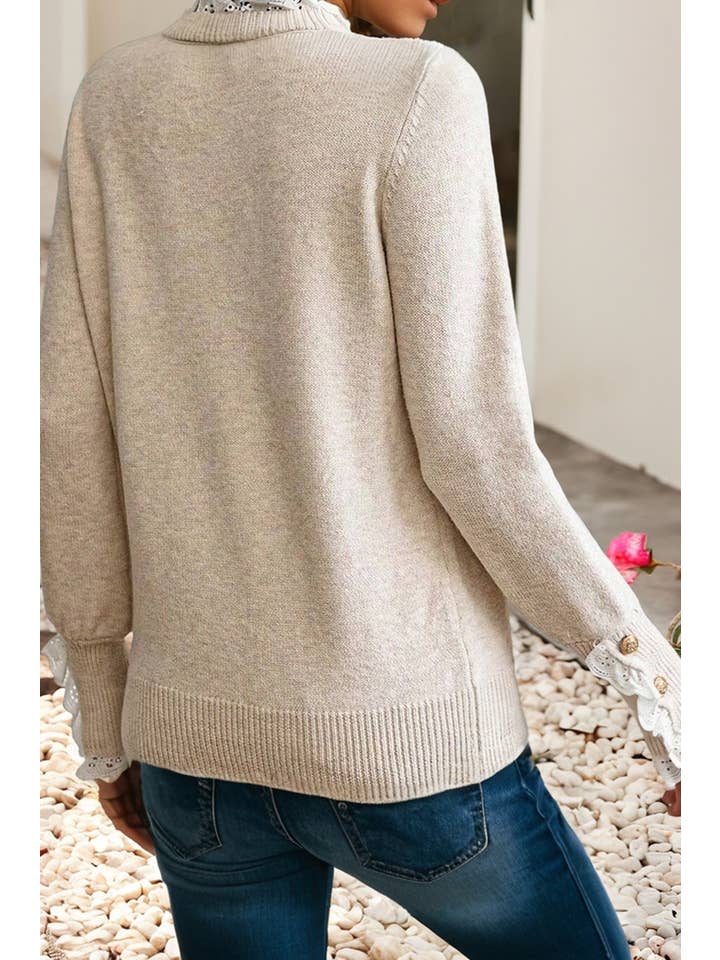 Little Daisy Closet - Wholesale Knit Sweater - Women's - LDC Lace Trim Patchwork Buttoned Cuffs Loose Sweater9
