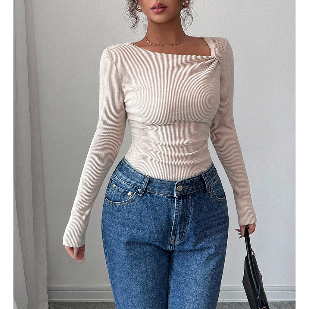 Apricot Elegant Slim Fit Solid Color Stretch Knit Top ZK3722 for wholesale on Faire4