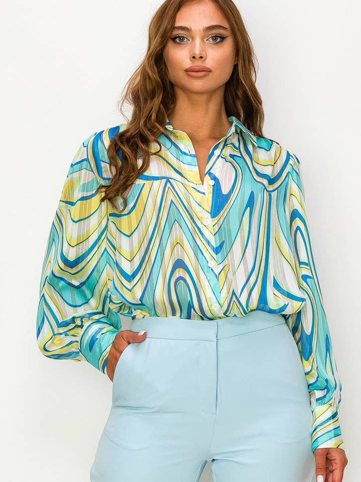 Blouse rayée à manches longues et col en V pour la vente par LINZY