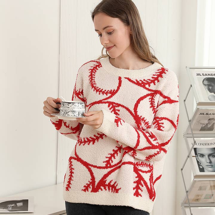 Baseball Jacquard Cozy Crew Neck Sweater for wholesale on Faire5
