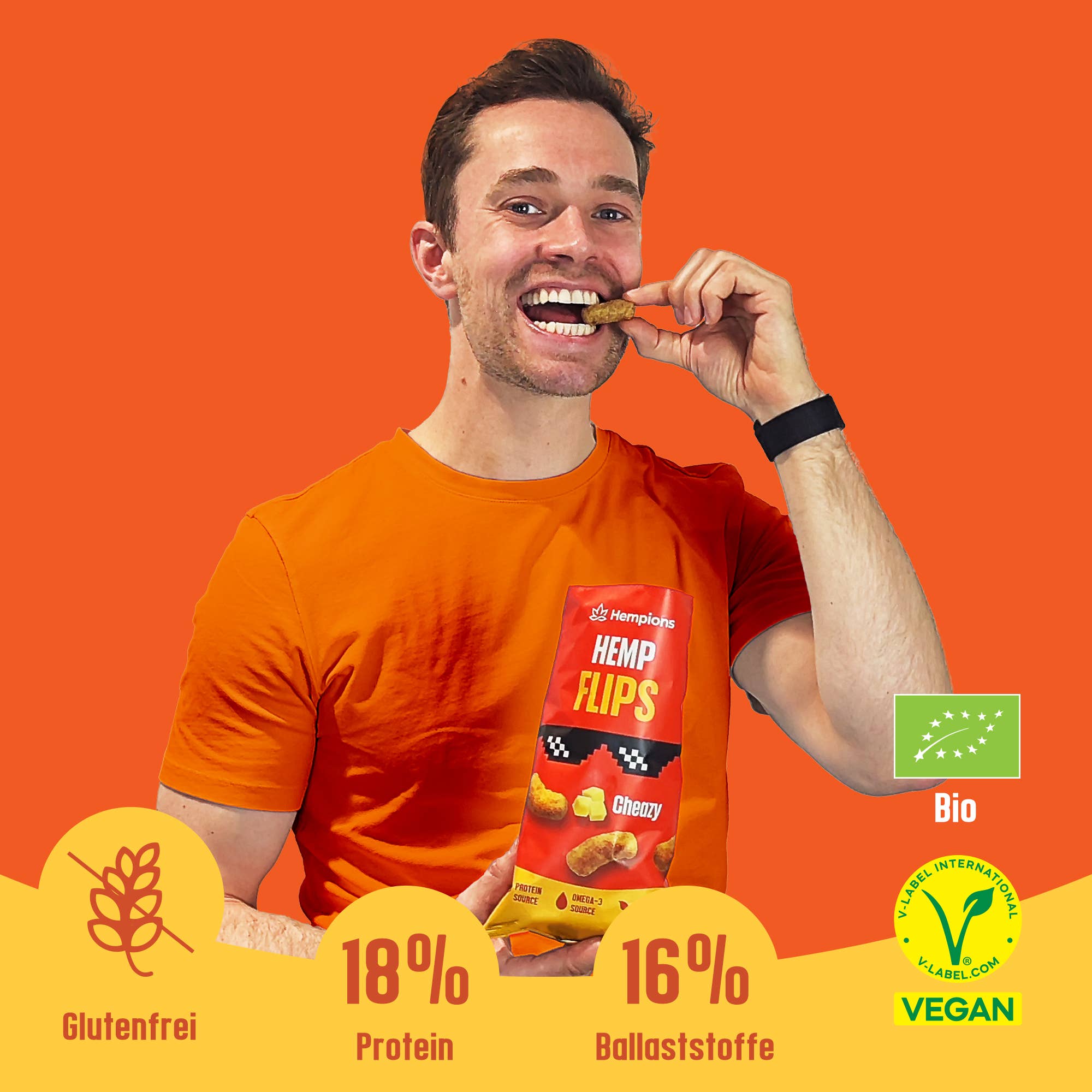 Hempions - Venta al por mayor Aperitivos inflados - Hemp Flips Cheazy orgánicos, 70 g – Snack de cáñamo sin gluten1