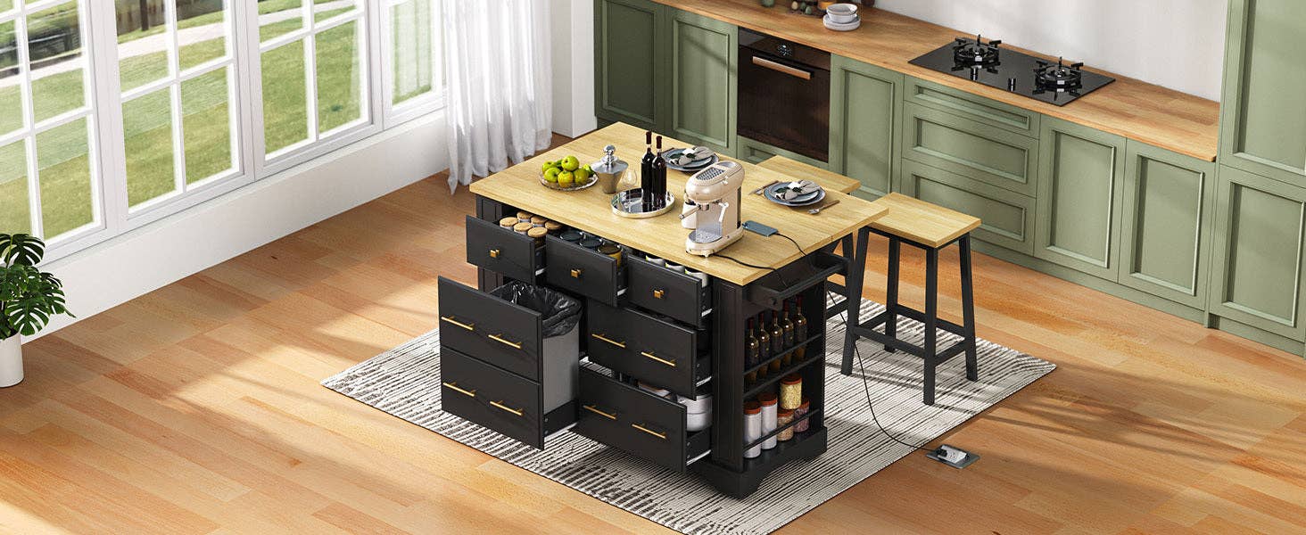 39F Inc. - Wholesale Kitchen Storage/Organizer - 51.2" Farmhouse Kitchen Island with 6 Drawers & Drop Leaf29