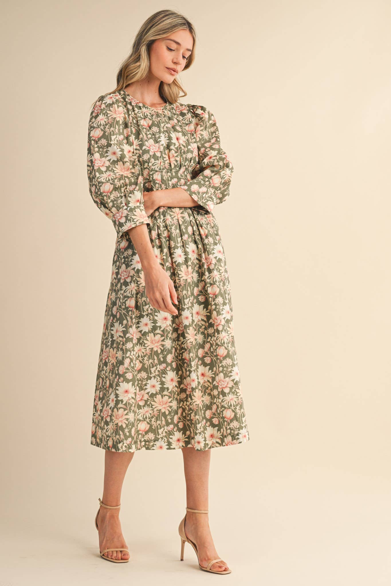 &MERCI - Wholesale Dress - Women's - FLORAL PRINT PLEATED WAIST MIDI DRESS MDR447710