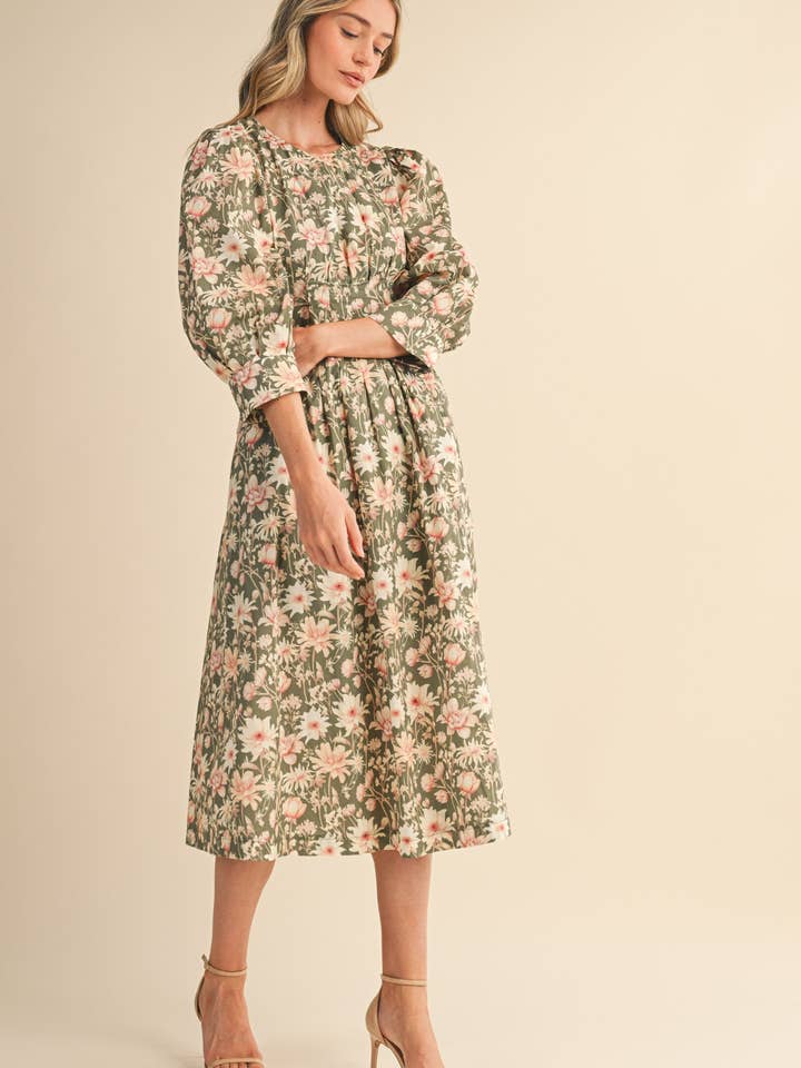 &MERCI - Wholesale Dress - Women's - FLORAL PRINT PLEATED WAIST MIDI DRESS MDR447710